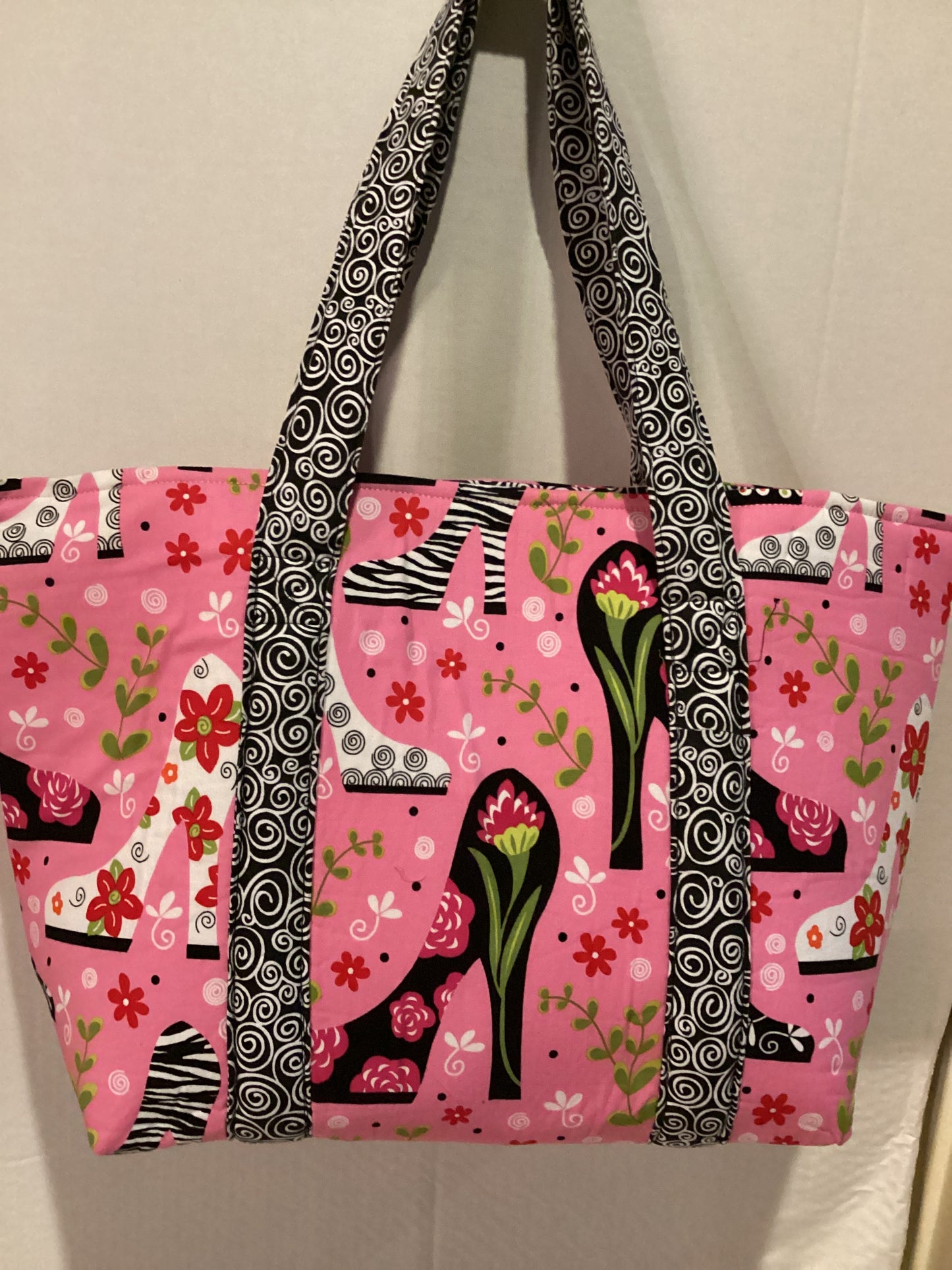 Pink and Black and White Tote Bag with High Heels