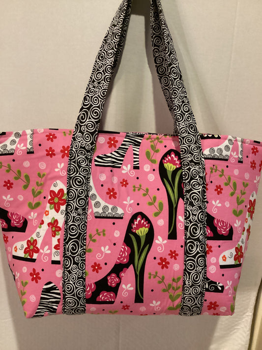 Pink and Black and White Tote Bag with High Heels