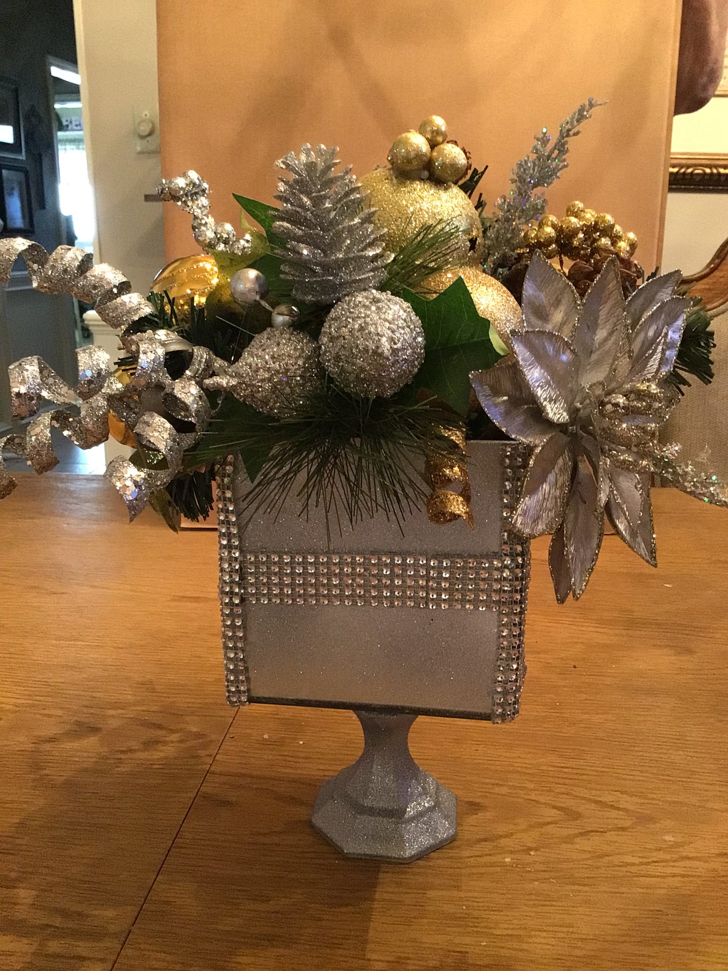 Gold and Silver Poinsettia Centerpiece-side view