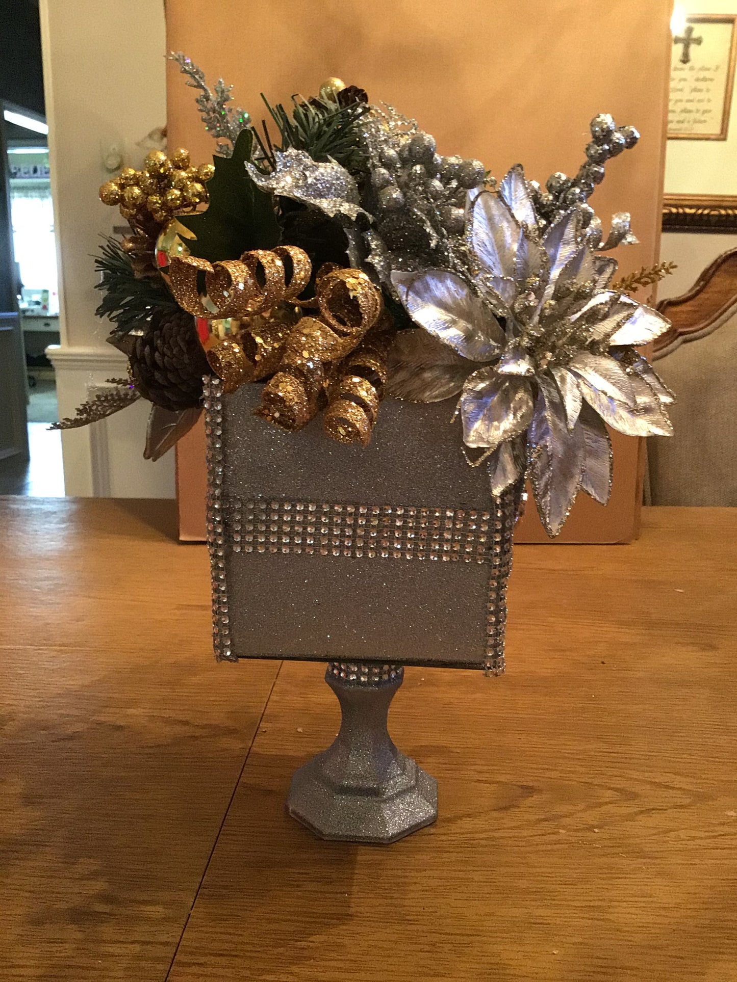 Gold and Silver Poinsettia Centerpiece-side view