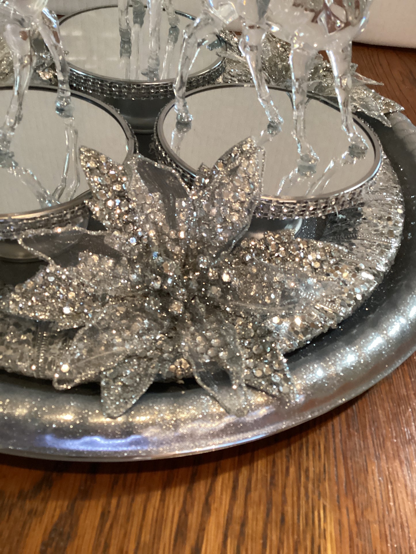 Handmade Silver and Glass Christmas Candle Centerpiece-poinsettia front