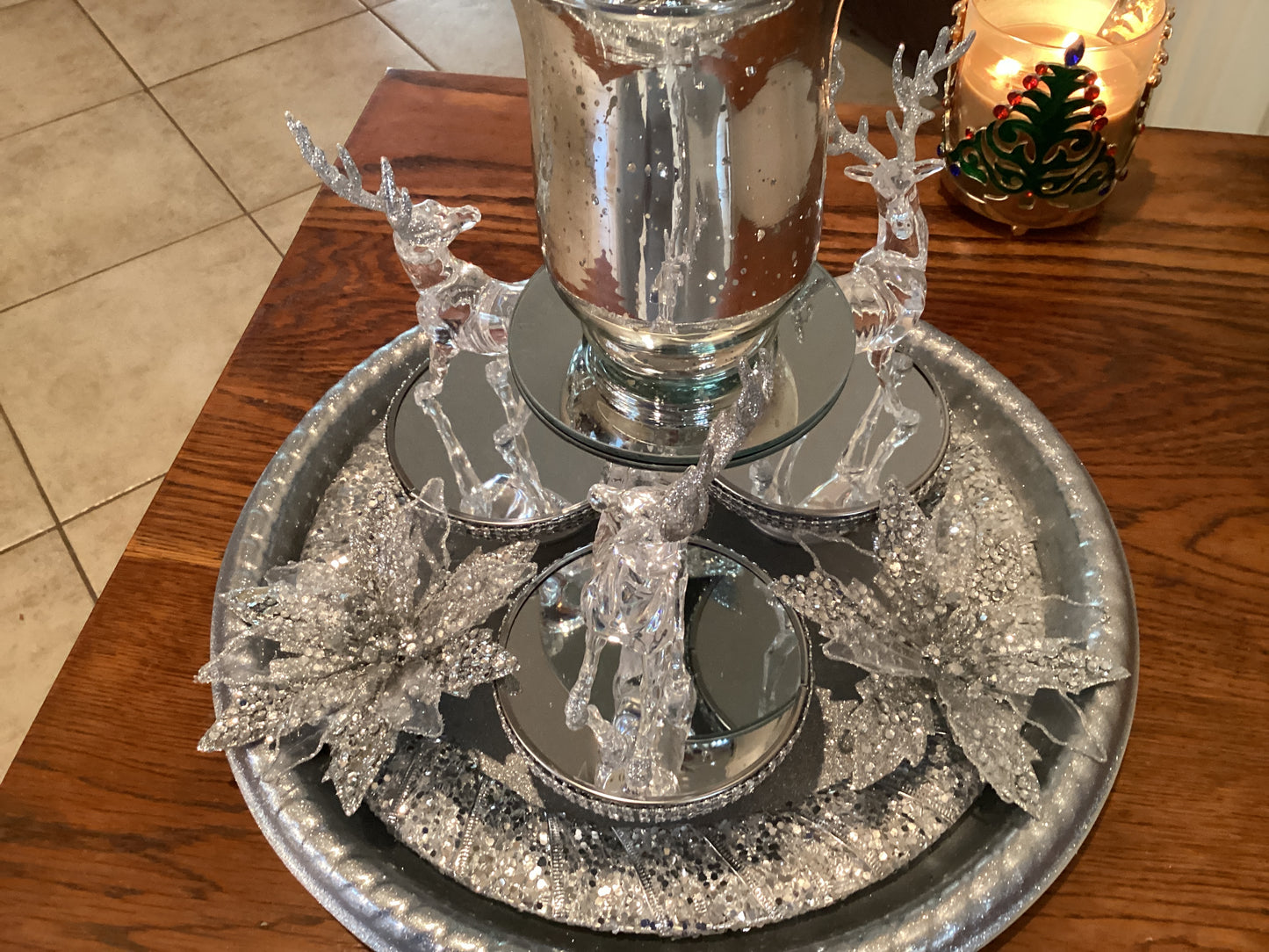 Silver and Glass Christmas Candle Centerpiece front view