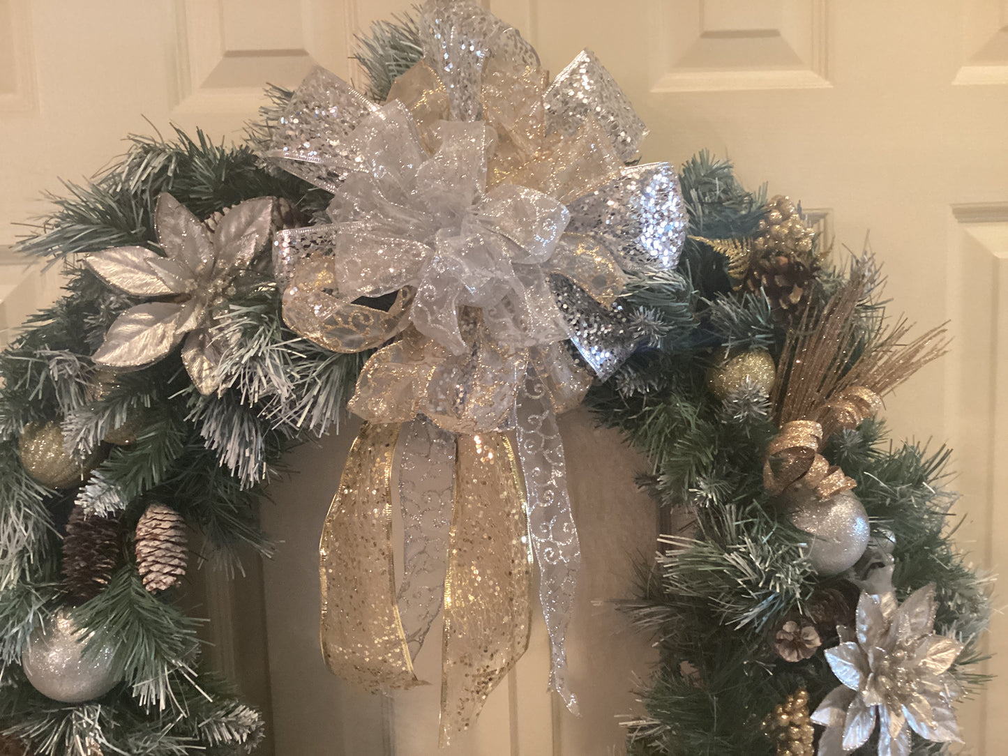 Gold and Silver Poinsettia Christmas Wreath on Greenery-upper top 