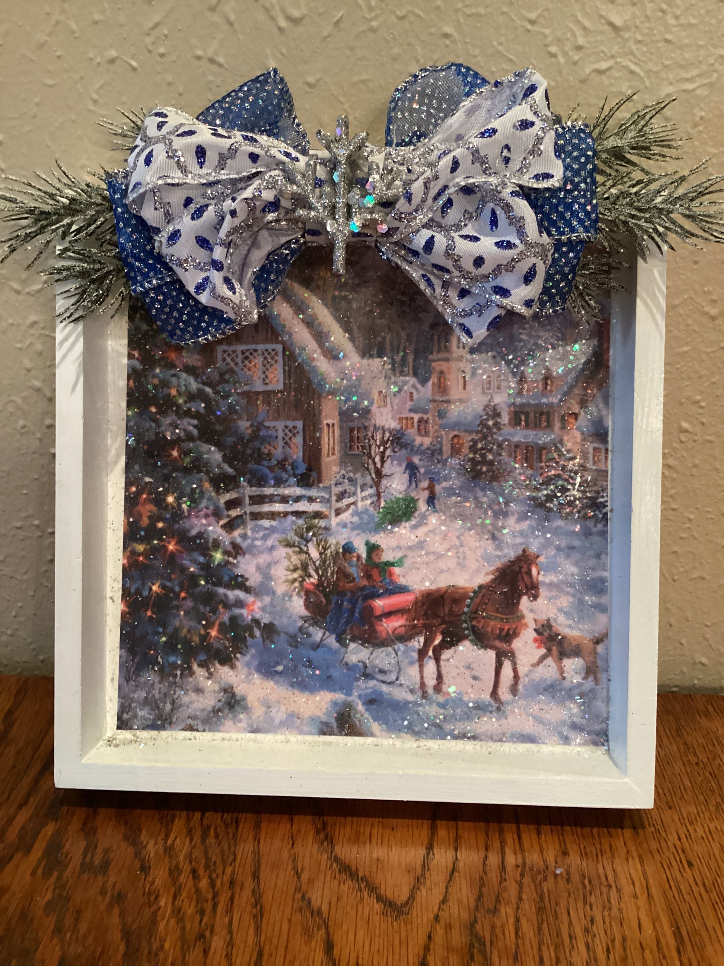 7" X 7" white box with picture of snow-covered church, barn, Christmas tree, horse and sleigh, blue background