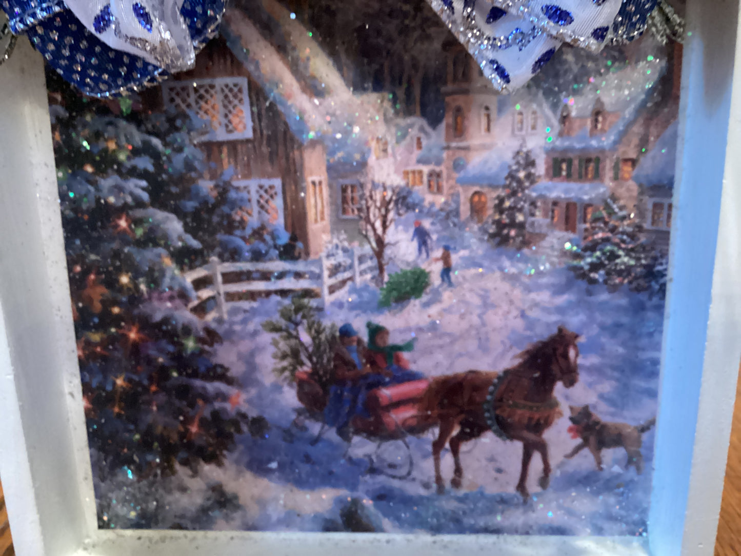 7" X 7" white box with picture of snow-covered church, barn, Christmas tree, horse and sleigh, blue background