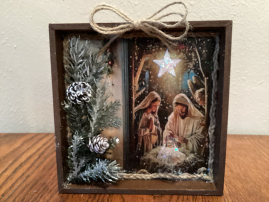 7" X 7" wooden box with Mary, Joseph, and baby Jesus, Nativity scene, Christmas, manger