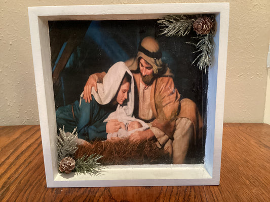 7" by 7" white box with nativity scene, Mary, Joseph, and baby Jesus, Christmas decorations, Nativity scene